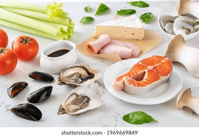 Assortment Of Umami - Rich Foods On The White Background