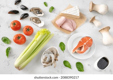 Assortment Of Umami - Rich Foods On The White Background