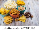 Assortment of unhealthy snacks. Diet or weight control concept. Space for text