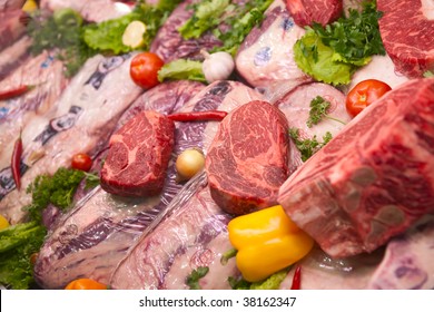 Assortment Of U.S. Export Meat. Some Veterinary Service Stamps Are Visible, Trademarks Blurred/deleted