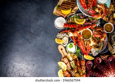 Assortment Various Barbecue Mediterranean Grill Food - Fish, Octopus, Shrimp, Crab, Seafood, Mussels, Summer Diet Bbq Party Fest, With Kebab, Sauces, Black Concrete Background, Above Copy Space