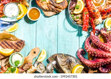 Assortment Various Barbecue Mediterranean Grill Food - Fish, Octopus, Shrimp, Crab, Seafood, Mussels, Summer Diet Bbq Party Fest, With Kebab, Sauces, Light Blue Sunne Wooden Background