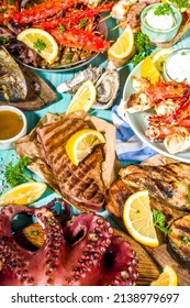 Assortment Various Barbecue Mediterranean Grill Food - Fish, Octopus, Shrimp, Crab, Seafood, Mussels, Summer Diet Bbq Party Fest, With Kebab, Sauces, Light Blue Sunne Wooden Background