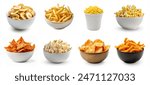 Assortment of various crisps and snacks, chips set collection. Caramel popcorn, nachos, potato chips, salted popcorn, buttered popcorn, cheese pops, nacho chips. Different bowls of snacks isolated.