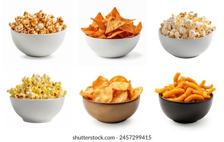 Assortment of various crisps and snacks, chips set collection. Caramel popcorn, nachos, potato chips, salted popcorn, buttered popcorn, cheese pops, nacho chips. Different bowls of snacks isolated.  - Powered by Shutterstock