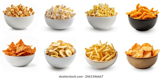 Assortment of various crisps and snacks, chips set collection. Caramel popcorn, nachos, potato chips, salted popcorn, buttered popcorn, cheese pops, nacho chips. Different bowls of snacks isolated. - Powered by Shutterstock