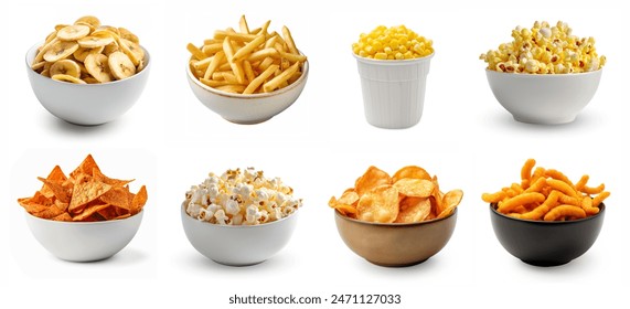 Assortment of various crisps and snacks, chips set collection. Caramel popcorn, nachos, potato chips, salted popcorn, buttered popcorn, cheese pops, nacho chips. Different bowls of snacks isolated.