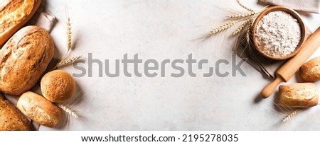 Assortment of various delicious freshly baked bread and flour ingredient on white background, banner, copy space. Variety of artisan bread and ears of wheat.