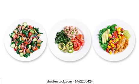 Assortment Of Various Healthy Keto Paleo Meals On White Plate. Top View. Isolated. Copy Space. 