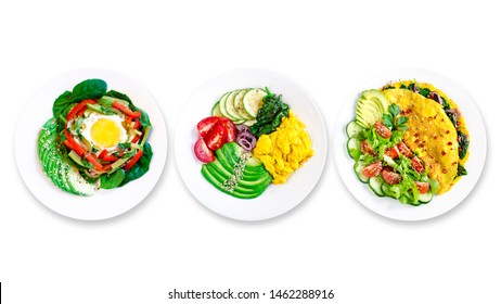 Assortment Of Various Healthy Keto Paleo Diet Breakfasts On White Plate. White Background. Top View. Isolated. Copy Space. 