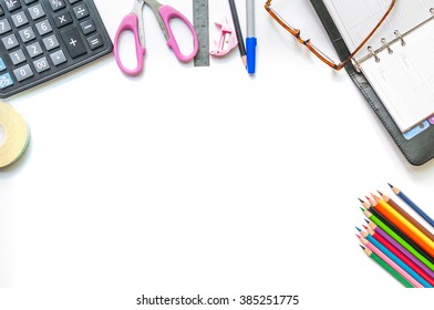 Assortment Of Various Office Items, White Background,top View (Add Your Text On Space)