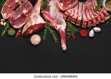 Assortment of various raw lamb cut parts with copy space