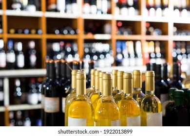 assortment of various wine bottles in retail wine house.