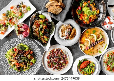 Assortment of vibrant, gourmet dishes showcasing culinary artistry, suitable for stock photography - Powered by Shutterstock