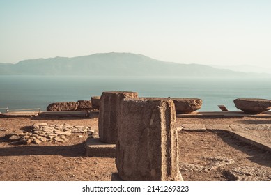 Assos Ancient City ruins with the Aegean Sea and the Lesbos Island in the background. Doric order.