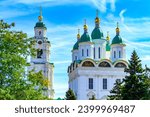 Assumption Cathedral and bell tower of the Astrakhan Kremlin.Trip to travel around Astrakhan, Russia. Place for a walk.