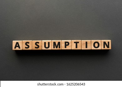 Assumption - Words From Wooden Blocks With Letters, No Proof  Accept As True Assumption Concept, Top View Gray Background