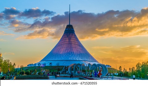 Astana Kazakhstan Date of June 12, 2017.Khan Shatyr shopping center (Royal Marquee) sunset time is a giant transparent tent in Astana, capital city of Kazakhstan.150m-high  area 140,000 square meters 