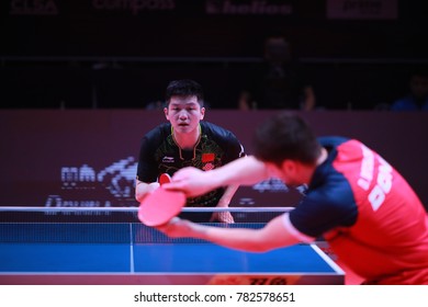 Astana, KAZAKHSTAN, Dec 17 2017 : FAN Zhendong From China Beat Dimitrij Ovtcharov From Germany 11-7, 11-9, 11-7, 12-10 In The Final Of The 2017 ITTF World Tour Grand Finals.