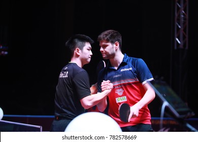 Astana, KAZAKHSTAN, Dec 17 2017 : FAN Zhendong From China Beat Dimitrij Ovtcharov From Germany 11-7, 11-9, 11-7, 12-10 In The Final Of The 2017 ITTF World Tour Grand Finals.