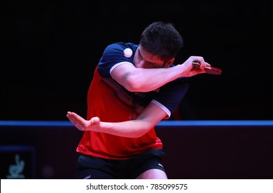 Astana, KAZAKHSTAN, Dec 17 2017 : Dimitrij Ovtcharov From Germany Loose Against FAN Zhendong From China  11-7, 11-9, 11-7, 12-10 In The Final Of The 2017 ITTF World Tour Grand Finals.