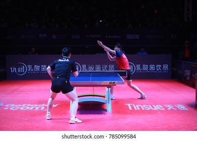 Astana, KAZAKHSTAN, Dec 17 2017 : Dimitrij Ovtcharov From Germany Loose Against FAN Zhendong From China  11-7, 11-9, 11-7, 12-10 In The Final Of The 2017 ITTF World Tour Grand Finals.