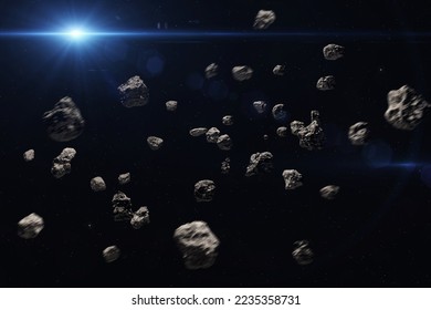 Asteroid belt. Meteorites and Sun. High resolution space background.  Science fiction art. Elements of this image furnished by NASA. - Shutterstock ID 2235358731