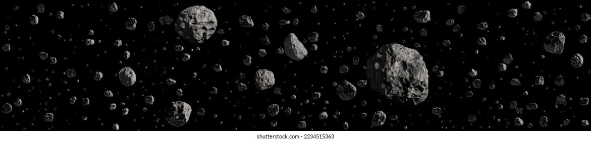 Asteroid field isolated on black background. Asteroid belt. Meteorites. High resolution, 3D rendering. A lot of asteroids isolated on pure black for ease of use and integration into your design. 
