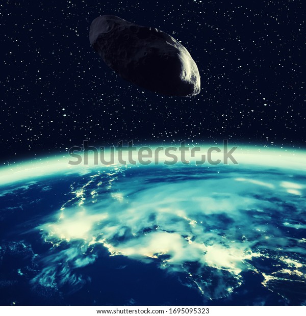 Asteroid flying above the earth. Elements of this\
image furnished by NASA.\
\
