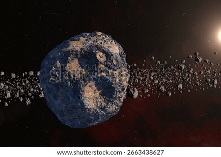 Asteroid Psyche and asteroid field. Asteroid orbiting the Sun between Mars and Jupiter. Psyche mission. Large metallic asteroid. This image elements furnished by NASA. 