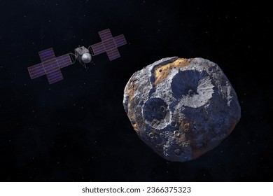 Asteroid Psyche. Asteroid orbiting the Sun between Mars and Jupiter. Psyche mission. The Psyche spacecraft will arrive at the asteroid in August 2029. This image elements furnished by NASA. 