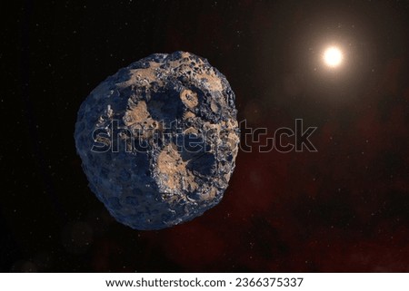 Asteroid Psyche. Asteroid orbiting the Sun between Mars and Jupiter. Psyche mission. Large metallic asteroid. This image elements furnished by NASA. 