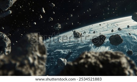 Asteroids and comets float in outer space. behind the floating oval of asteroid rocks in space is the planet earth, cosmos, galaxies