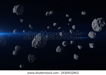 Asteroids. Dark outer space, meteorites and sun. High resolution image. Science fiction art. Elements of this image furnished by NASA.