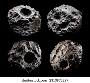Asteroides aislados en el fondo negro. Meteoritos. Alta resolución. Un conjunto de asteroides aislados en negro puro para facilitar su uso e integración en su diseño. 