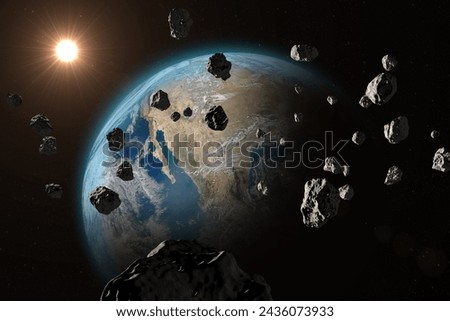 Asteroids near planet Earth. Asteroids or meteorites heading for Earth planet, outer space view. End of the world concept. Elements of this video furnished by NASA.
