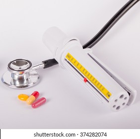 Asthma Inhaler, Peak Flow Meter, Drugs And Stethoscope