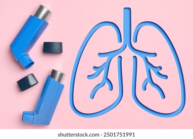 Asthma inhalers and illustration of lungs on pink background, top view - Powered by Shutterstock