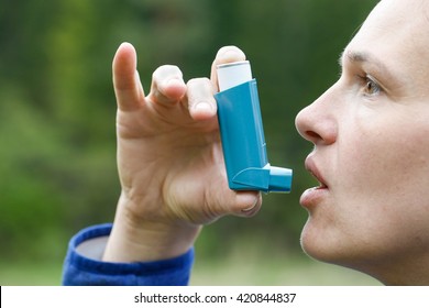 Asthma Patient Inhaling Medication For Treating Shortness Of Breath And Wheezing. Chronic Disease Control, Allergy Induced Asthma Remedy And Chronic Pulmonary Disease Concept. 
