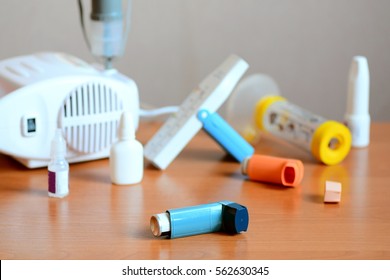 Asthma Treatments, Drugs And Related Equipment. Using Aerosol Nebulizer, Asthma Spray Inhaler, Peak Flow Meter, Spacer, Anti-inflammatory Drugs To Manage Asthma. Chronic Inflammatory Bronchi Disease