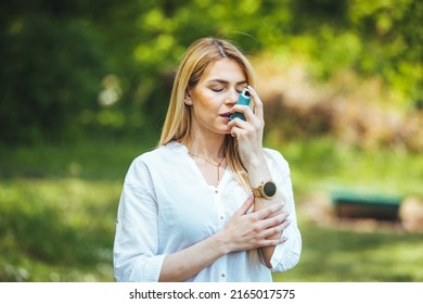 An asthmatic girl who takes an inhaler and has an asthma attack. A young woman has an asthma attack. She's holding an inhaler. She walks outside and has a problem with asthma