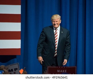 ASTON, PA - SEPTEMBER 22, 2016: Donald Trump On Stage As He Smiles At The Cheering Crowd. Trump Held A Rally At Sun Center Studios As The Republican Nominee For US President.