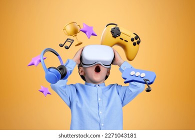 Astonished little boy in VR goggles standing over blue orange with videogames and multimedia icons above him. Concept of internet for joy - Shutterstock ID 2271043181