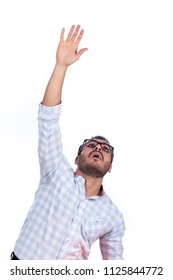 Astonished Man Hands Up Looking For Help, Isolated On A White Background.