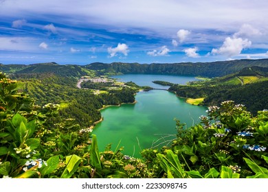 The Astonishing Lagoon Of The Seven Cities (Lagoa Das 7 Cidades), In Sao Miguel Azores, Portugal. Lagoon of the Seven Cities, Sao Miguel island, Azores. Ocean, aerial. Sao Miguel, Azores, Portugal. - Shutterstock ID 2233098745