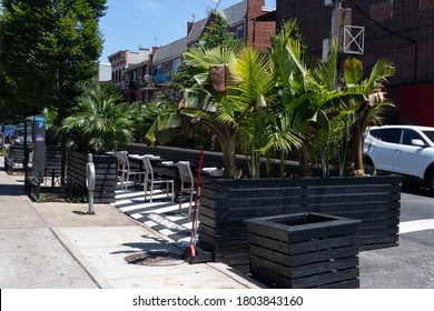 Astoria Queens, New York / USA - July 18 2020: Outdoor Street Dining Seating Area At Restaurants During The Covid 19 Outbreak In New York City