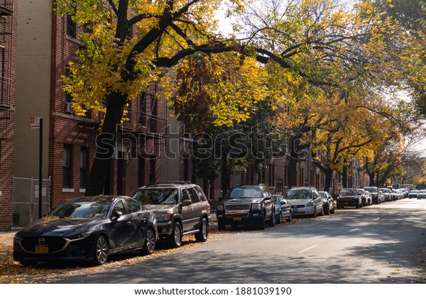 Astoria Queens, New York USA - October 23 2020:\
Autumn Street in Astoria Queens New York with Colorful Trees and\
Brick Apartment\
Buildings