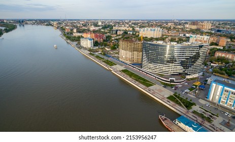 Astrakhan. The embankment and the Volga River. Russia. Aerial view