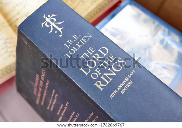 Astrakhan, Russia - 06.24.2020: The Book of The Lord of the Rings in black binding with a monogram of Professor J.R.R.Tolkien on the spine
