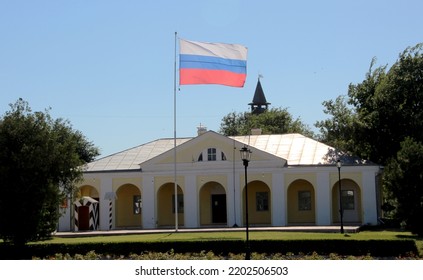 Astrakhan, Russia, 07-17-2017:  Kremlin, Guardhouse. Russian Flag - Tricolor